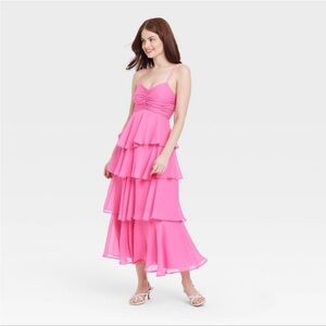 Elegant Pink Tiered Dress XS A New Dat MIDI Maxi Spring Ruffle Party Shirred NEW